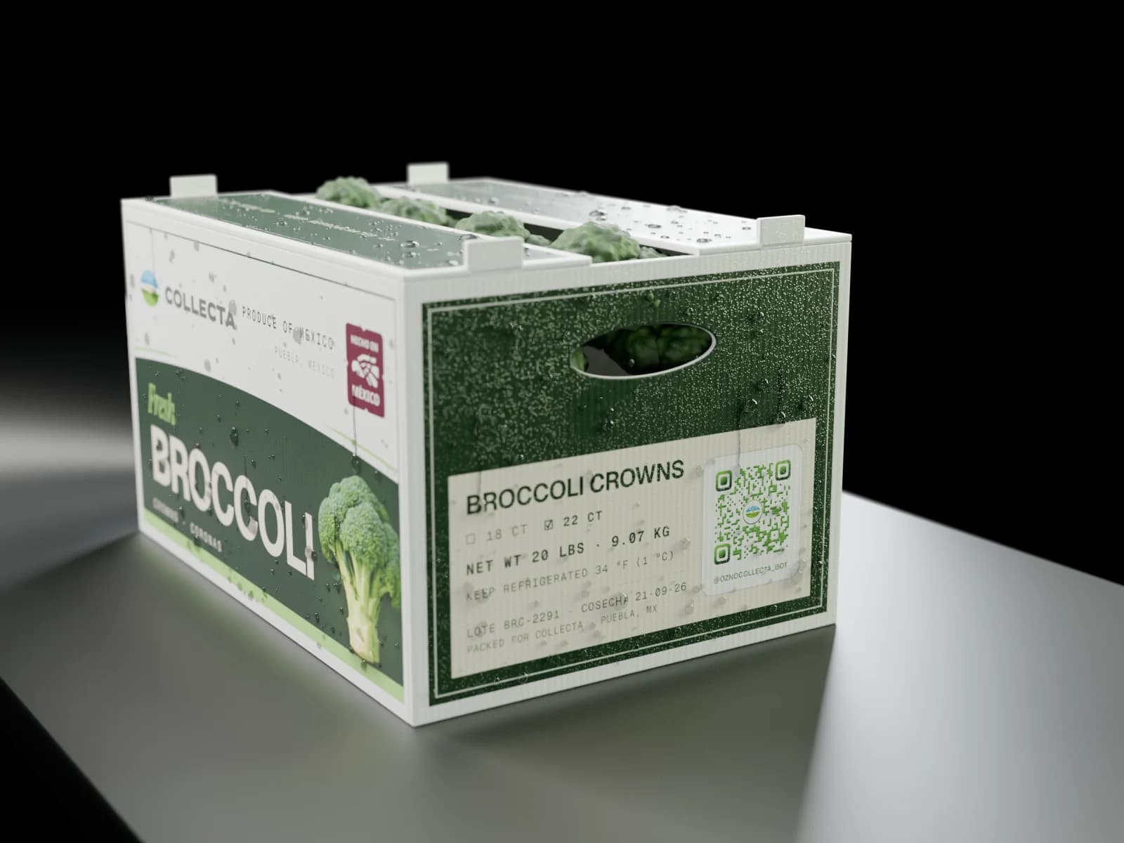 Collecta broccoli box with its label and traceability QR code