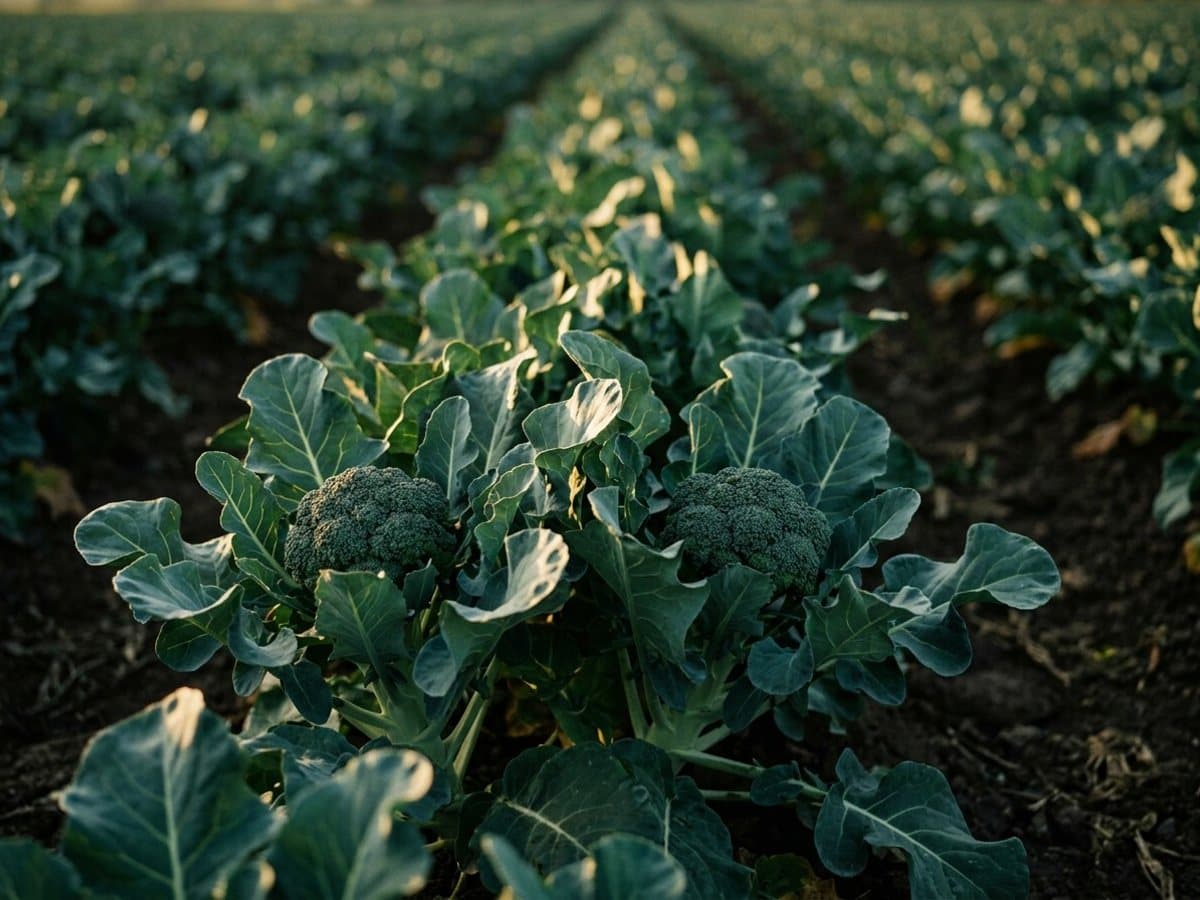 Broccoli plants with their crowns in a furrow at sunset