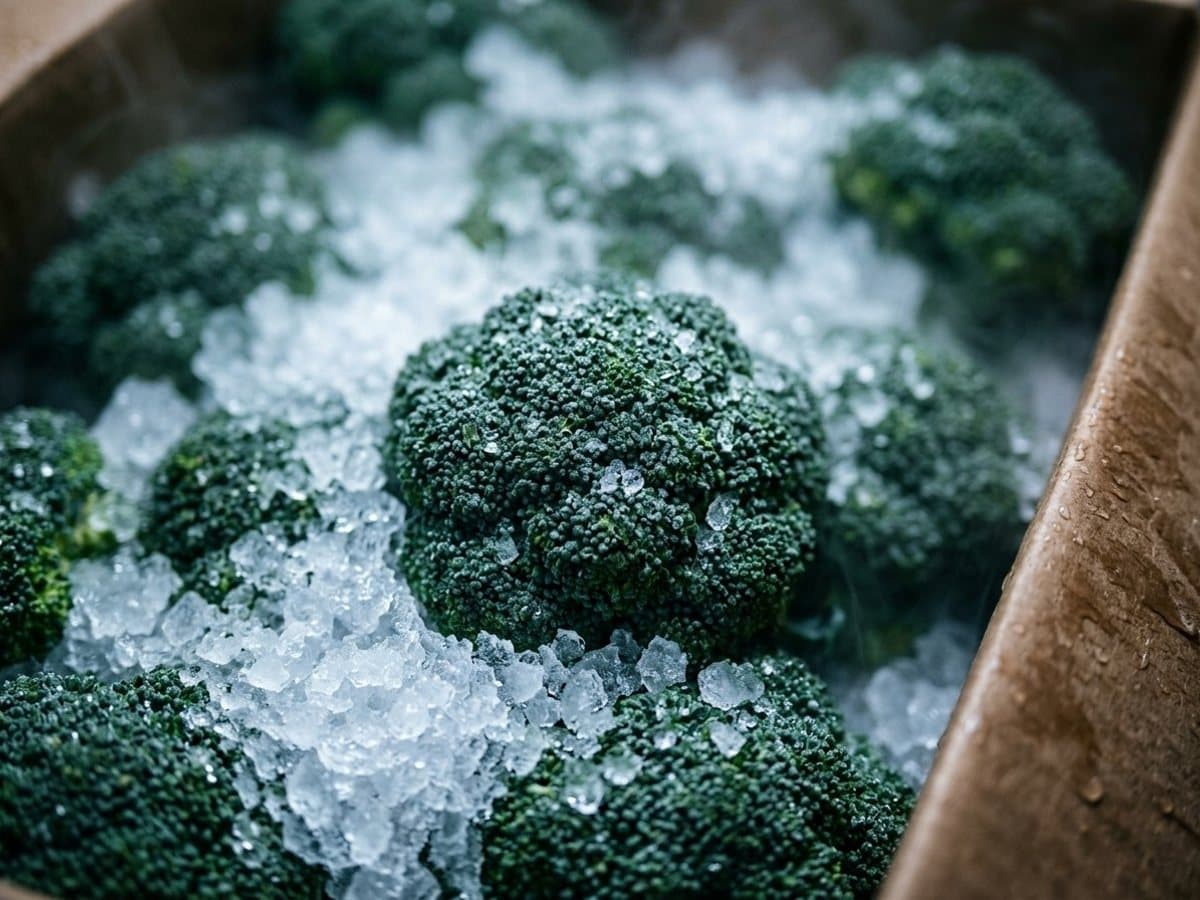 Broccoli crowns packed in a box under a layer of crushed ice