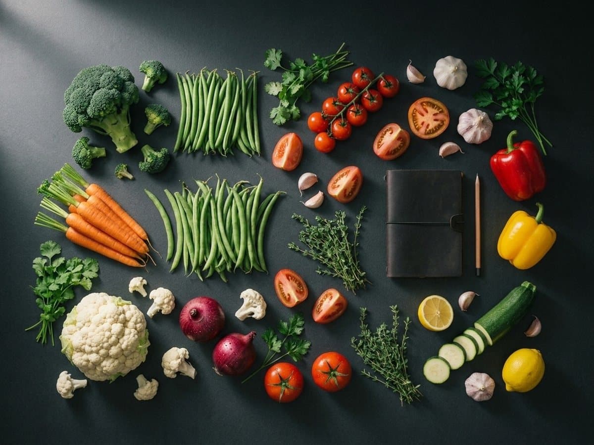 Broccoli, green beans, carrots, cauliflower, tomatoes and other vegetables laid out on a planning table
