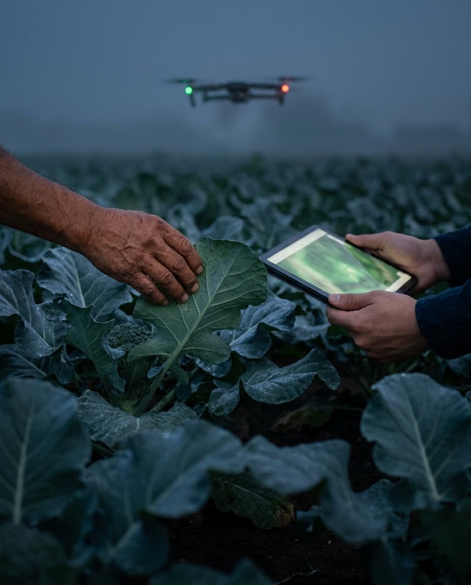 A grower and a technician check a broccoli plant on a tablet while a drone flies over the field