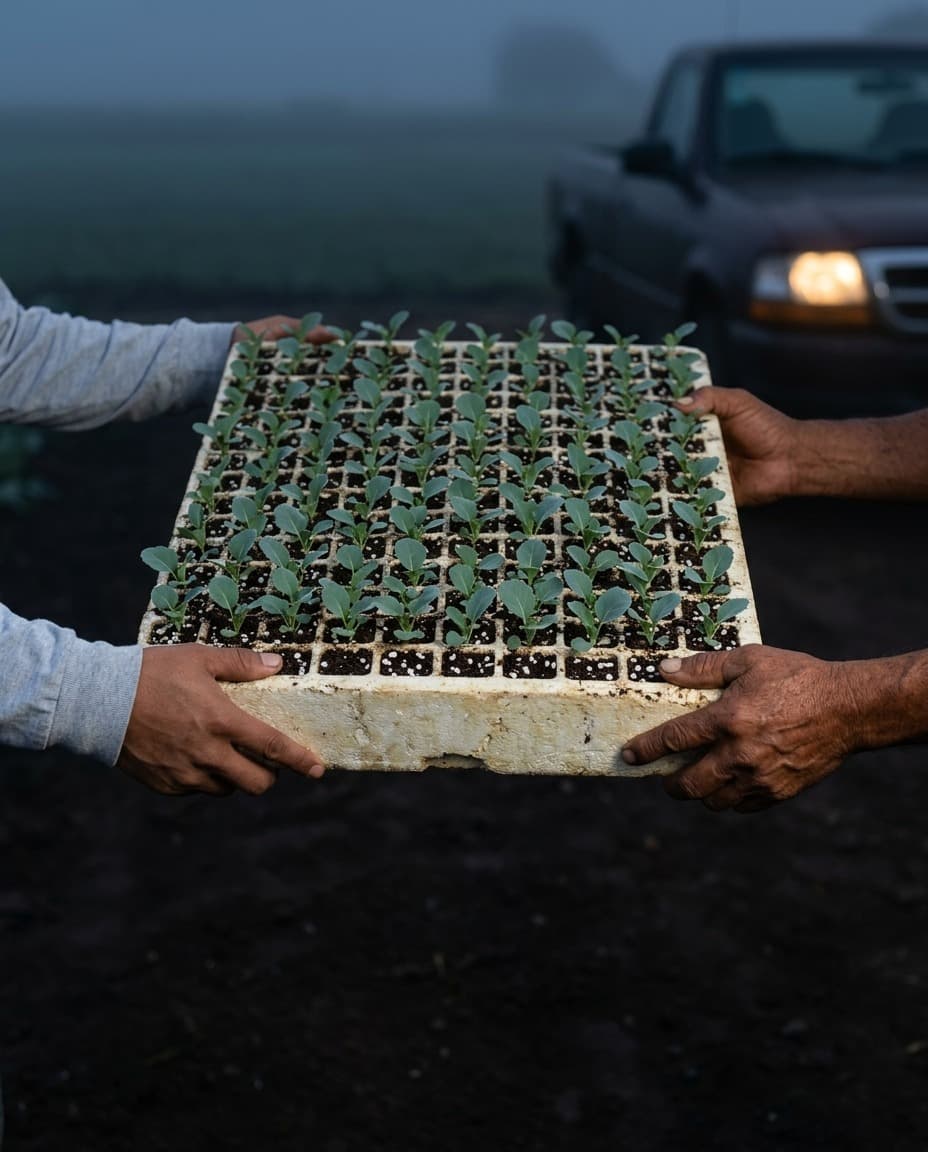 A tray of broccoli seedlings being handed over: four hands hold it at the edge of the field