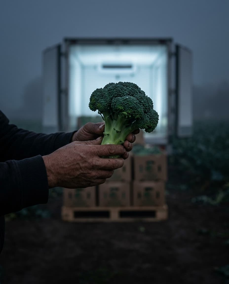 A grower's hands hold a head of broccoli in front of a refrigerated truck with boxes ready for export